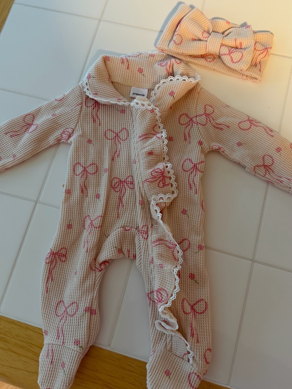 Preemie Pink Bow Print Waffle-Knit Baby One-Piece with Headband